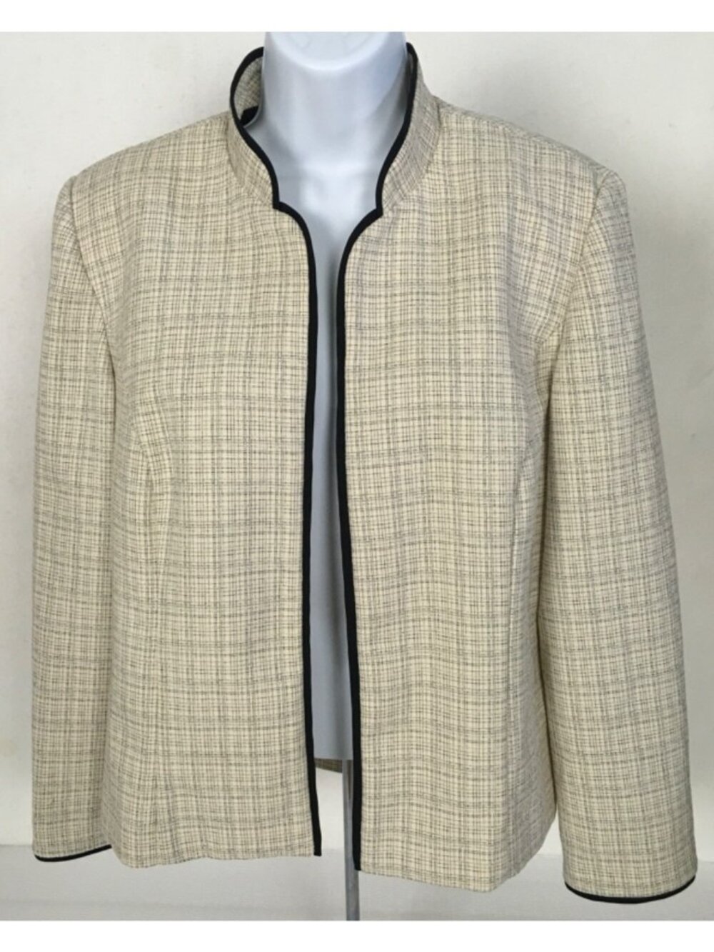 Perception Open Front Blazer Jacket Women Size 12P Tan Black Trim Long Sleeves